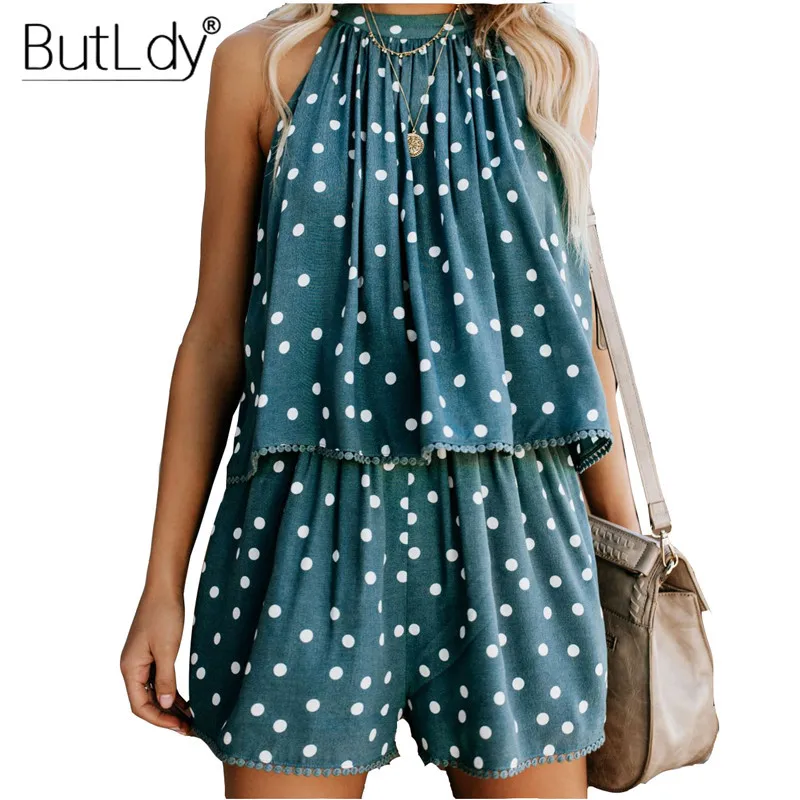 Женский комбинезон из двух предметов короткий в горошек летний повседневный с