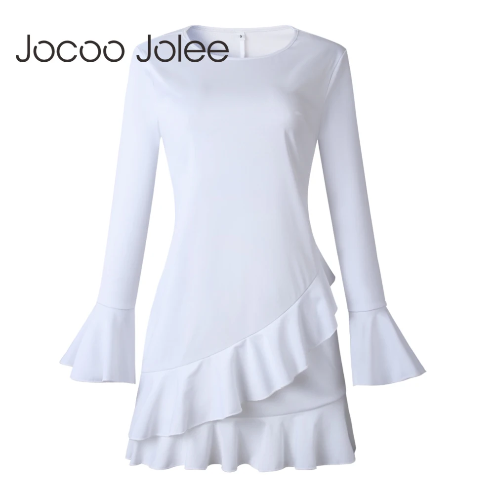 Женское мини-платье Jocoo Jolee с длинным рукавом оборками повседневное круглым