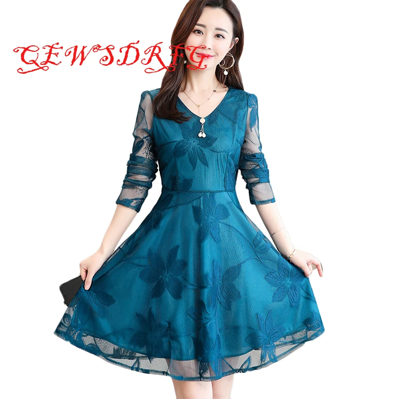 Женское кружевное платье мини с V образным вырезом и длинным рукавом|Женские