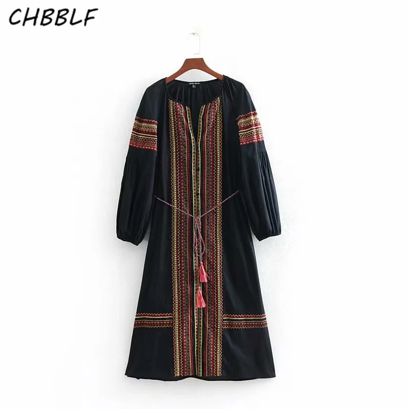 CHBBLF женское народное платье emnroidery с длинным рукавом-фонариком украшенное