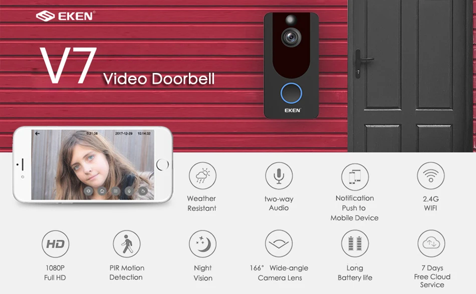 Eken V7 видеодомофон 1080p Full HD видео дверной звонок ночного видения беспроводная Защита сети видеозвонок Wi-Fi видеоглазок Домашний монитор домофон смартфон видео дверной звонок