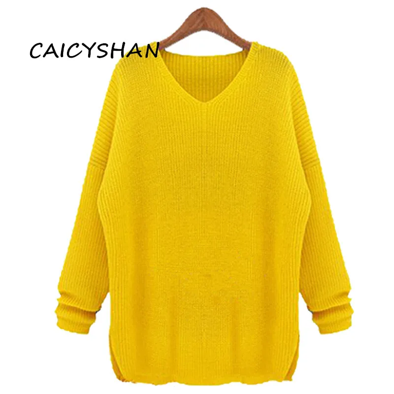 

New Autumn Winter Women Sweater Plus Size Fashion Casual Loose V-Neck Solid Knitted Sweater For Women Large Pullovers Sweater
