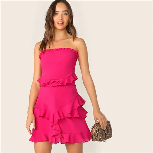 Hot Pink COLROVIE неоновое ярко-розовое сексуальное мини-платье с бантом и рюшами на спине для женщин летнее платье без бретелек для отдыха и отдыха для девушек - Цвет: Hot Pink