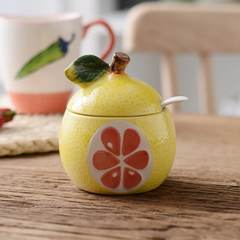 Grapefruit-Y Милая фруктовая бутылка для приправ в форме граната, креативная керамическая банка для приправ с крышкой, ложка, контейнер для ароматизатора - Цвет: Grapefruit-Y