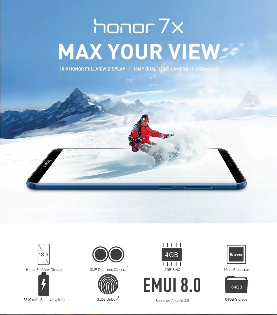 Абсолютно мобильный телефон Honor 7x4G LTE 5,9" 4 Гб ОЗУ 128 Гб ПЗУ Kirin 659 Восьмиядерный Android 7,0 3340 мАч Мп+ Мп камера телефон