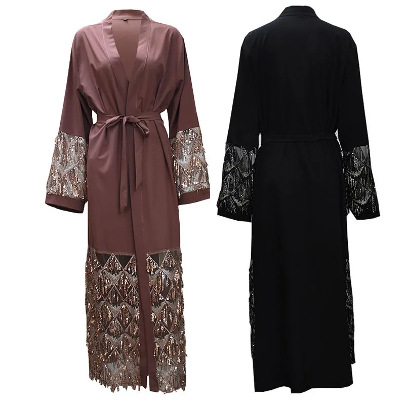 Женское длинное платье кардиган abaya черное кружевное с пайетками поясом макси