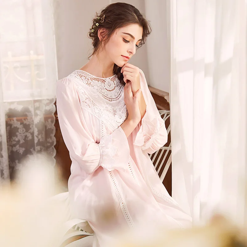 Ночная рубашка принцессы элегантная розовая ночная для весны и осени кружевная с