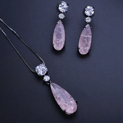 pink -black plated Набор ювелирных изделий из натурального разбитого камня, циркониевое ожерелье и серьги-гвоздики для женщин, модные ювелирные изделия SFX002862 - Окраска металла: pink -black plated