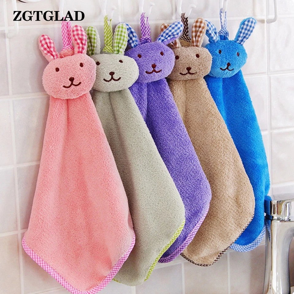 

1 Pcs Cute Bunny Coral Fleece Hand Towel Kitchen Hanger Washcloth Fashion Lovely