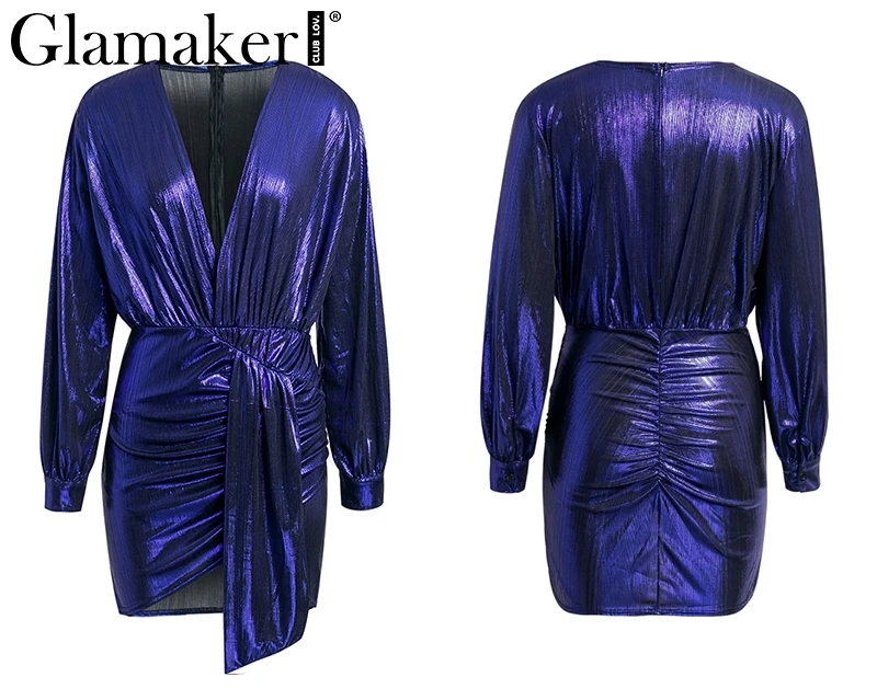 Glamaker, атласный пояс, длинный рукав, сексуальное женское платье, плиссированные, короткие, вечерние, для клуба, мини-платье, женское, v-образный вырез, шикарное платье, осень, vestidos