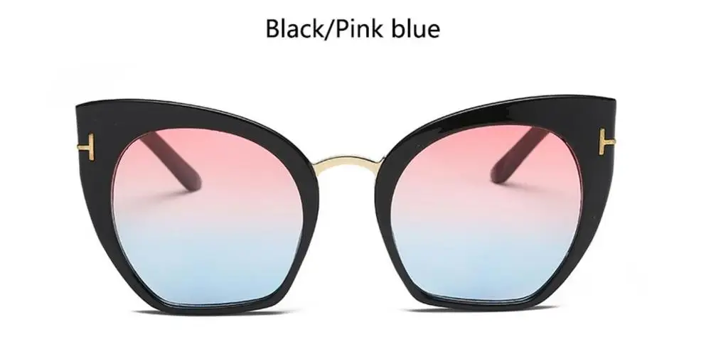 black pink blue Блестящие черные солнцезащитные очки "кошачий глаз", модные брендовые женские очки с градиентными линзами, большие солнцезащитные очки, роскошные дизайнерские очки - Цвет линз: black pink blue