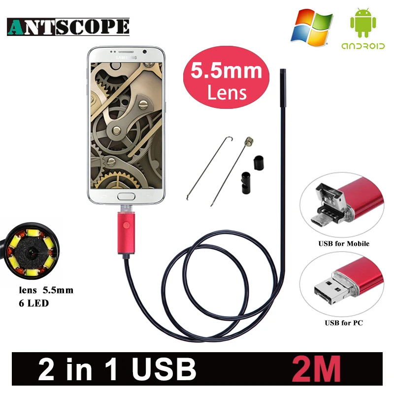 Antscope 5 мм объектив Android USB эндоскопа эндоскопическая мини Камера инспекции 2 м
