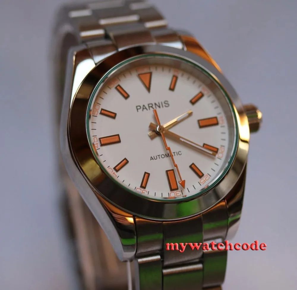 

Мужские часы parnis P201 с белым циферблатом, сапфировым стеклом и автоматическим механизмом miyota, 40 мм