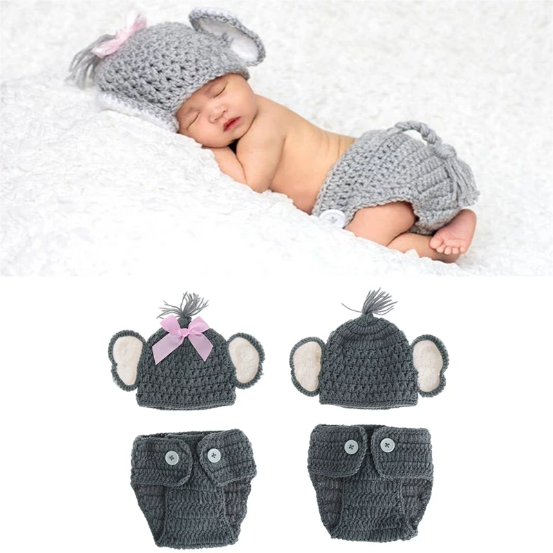 

2018 New 1Set Newborn Baby Elephant Knit Crochet Hat Costume Photo Photography Prop Outfits Baby Kids Child Gifts