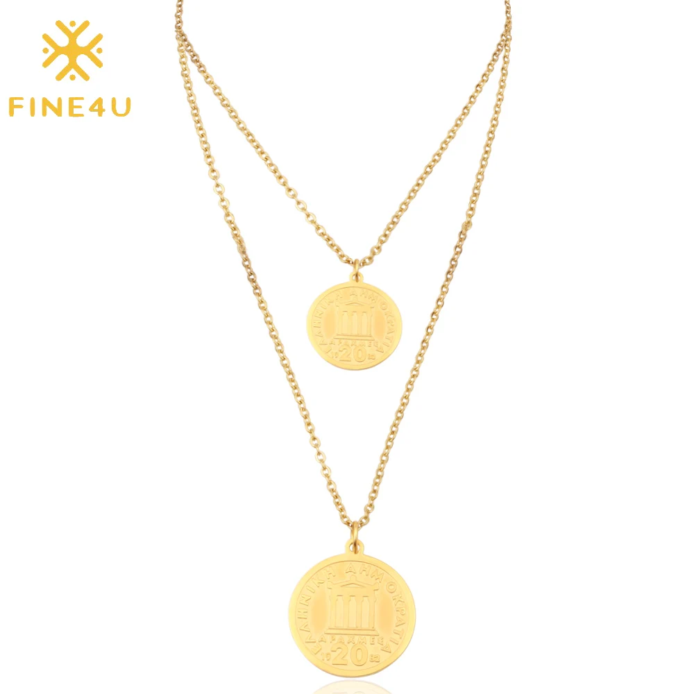 Gold FINE4U N180 Двухслойное ожерелье с кулоном с монетами Elizabeth золотого цвета, цепочка из нержавеющей стали, ювелирные изделия из австралийской монеты - Окраска металла: Gold