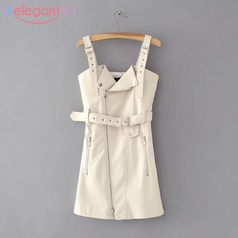 Белый Aelegantmis Cool Slim Autumn PU Leather Dress Women Black Fall Short Leather Overalls Dress Female - Цвет: Белый