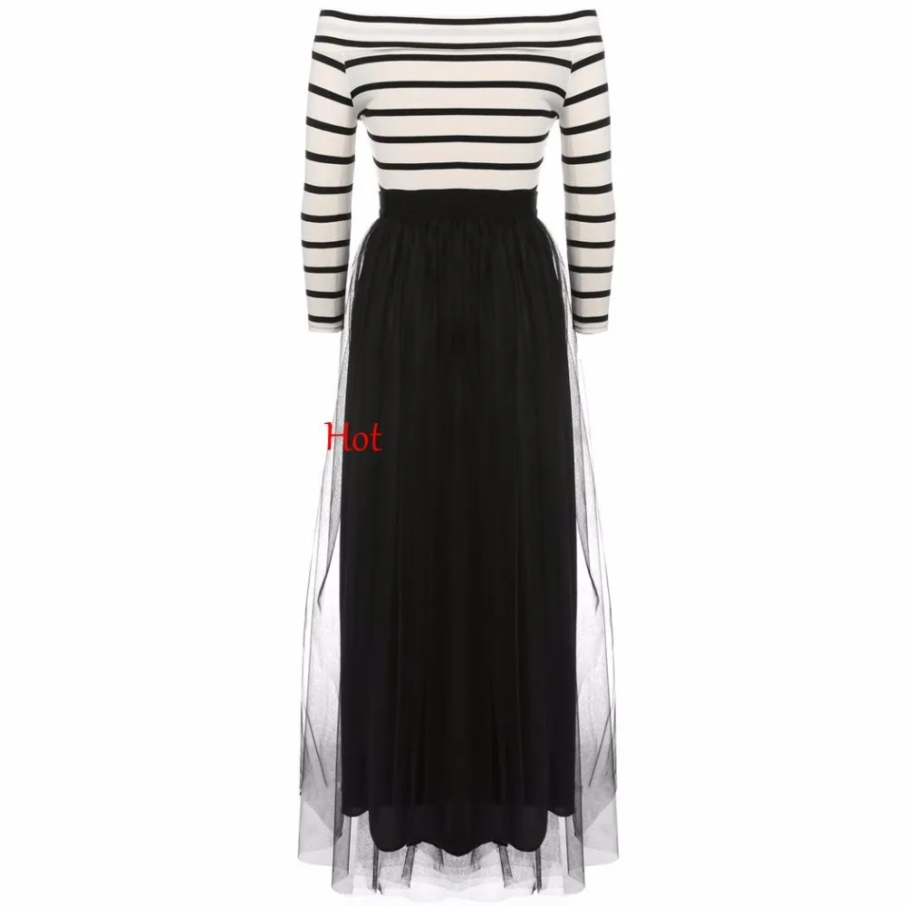 Fashion Women Ladies Off-shoulder Striped T-shirts High Waist A-line Dress Tutu Ball Gown Party Club Slim Maxi Long Sets | Женская