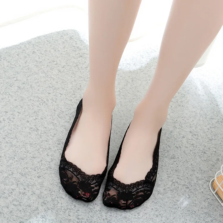 5 Pair-Black Летние женские кружевные носки-Башмачки из силикагеля 5 пар, невидимые Нескользящие тапочки с хлопковой подошвой женские нескользящие носки для девочек - Цвет: 5 Pair-Black