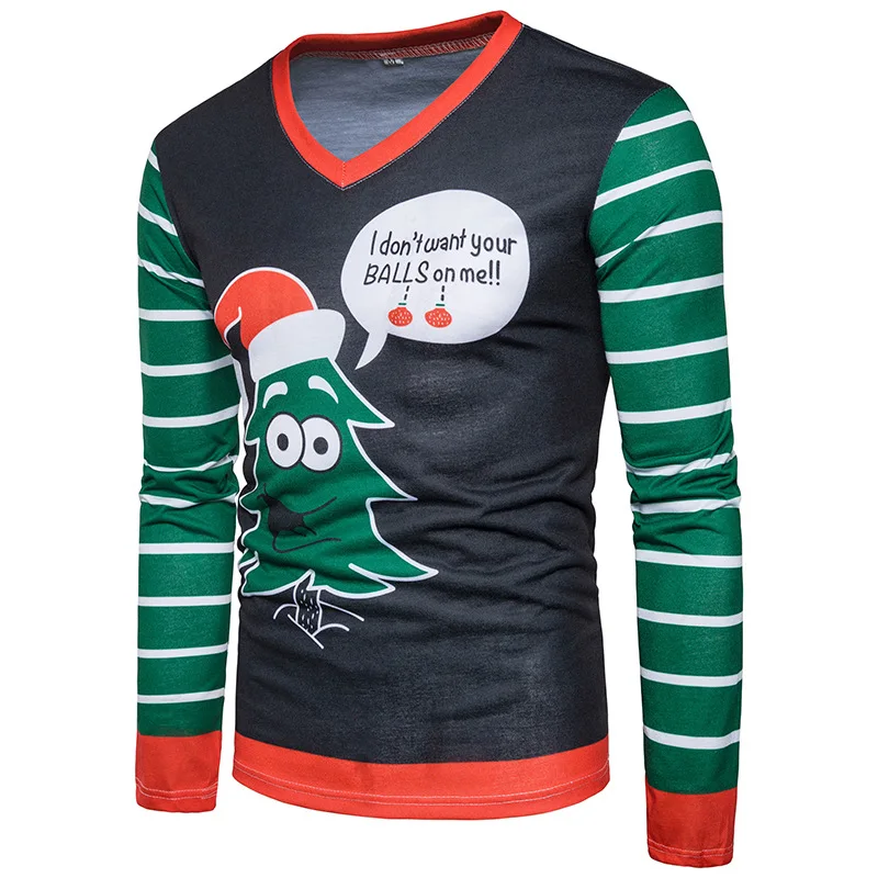 2018 new foreign trade men's wear simple casual fashion 3D Christmas tree v-neck printing large size long sleeve T shirt | Мужская