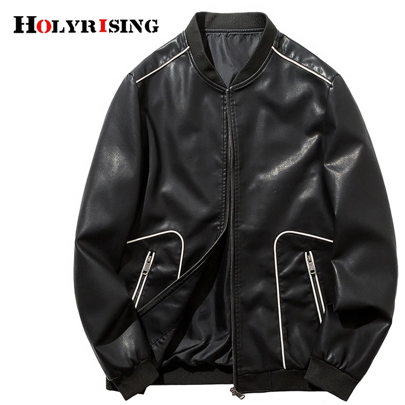 Мужские кожаные куртки Holyrising черные облегающие мотоциклетные с воротником