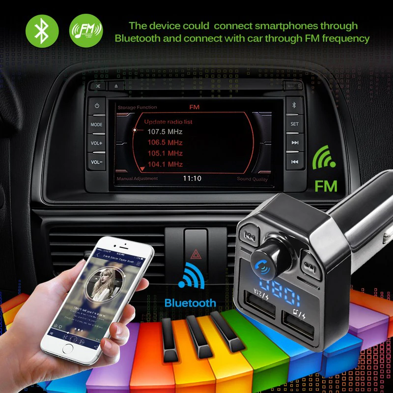 Двойной USB Автомобильное зарядное устройство вольтметр Bluetooth FM передатчик