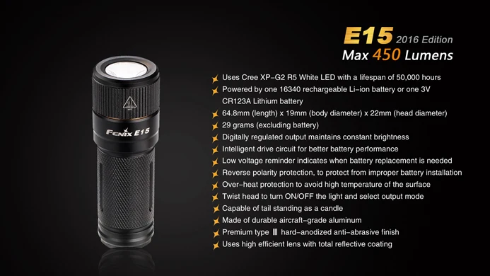 2016 Edition Fenix E15 Cree R5 LED MAX 450 люмен высокопроизводительный брелок фонарик EDC с