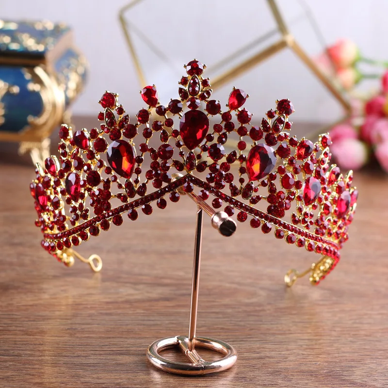 

KMVEXO Fashion Baroque Luxury Red Crystal Bridal Crown Vintage Gold Color Diadem Tiaras for Women Bride Wedding Accessories