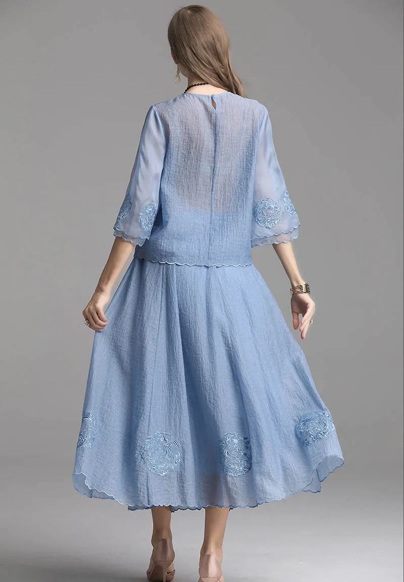 Весенний женский модный костюм из тенселя с вышивкой элегантный топ круглым