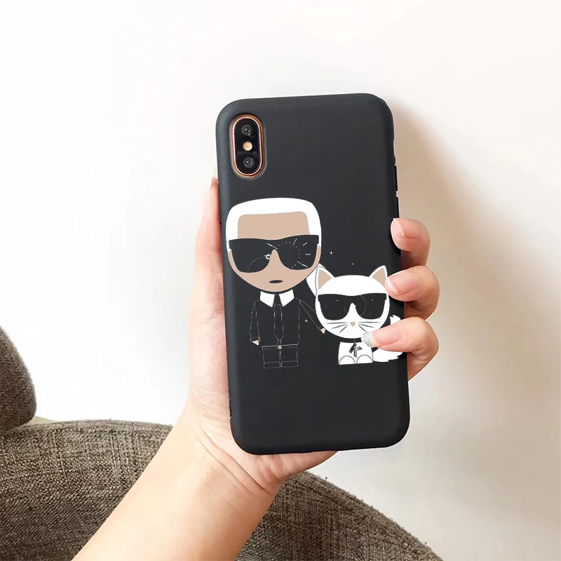 Модные Karl Lagerfeld кошка логотип мягкий силиконовый черный чехол Чехол для iPhone X XR XS