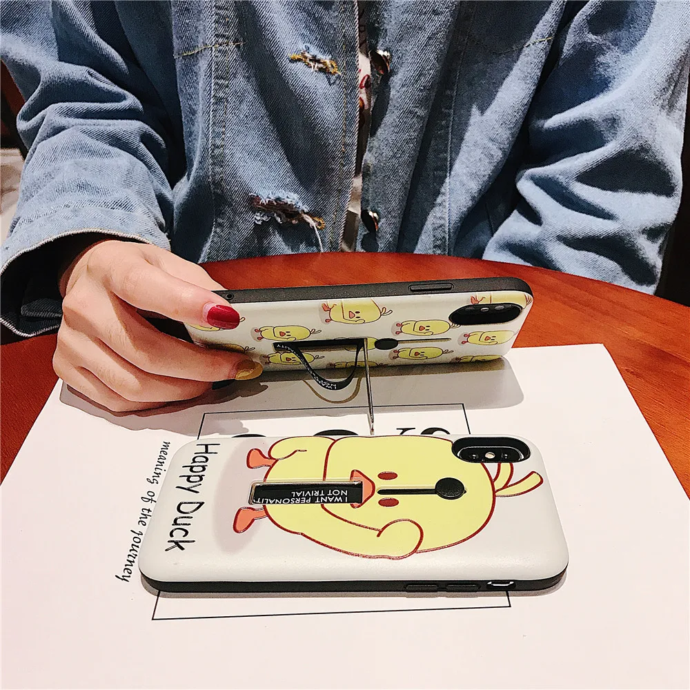 3D Relief Yellow Duck Case For iPhone X XS MAX XR 6 6S 7 8Plus Fashion Ring Grip Hide Stand Holder Cover Cartoon Phone |