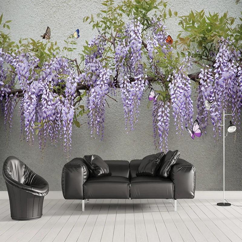 

Custom Photo Wallpaper 3D Stereo Wisteria Flower Butterfly Murals Living Room Dining Room Background Wall Cloth Papel De Parede