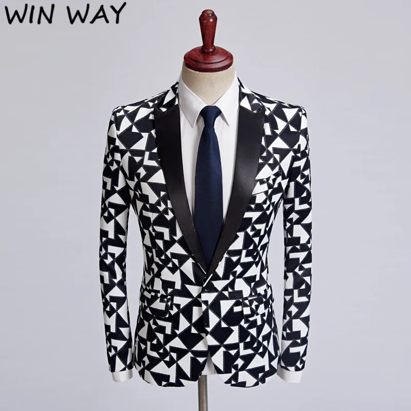 WINWAY новый для мужчин Мода черный белый цвет треугольники узор Блейзер Slim Fit