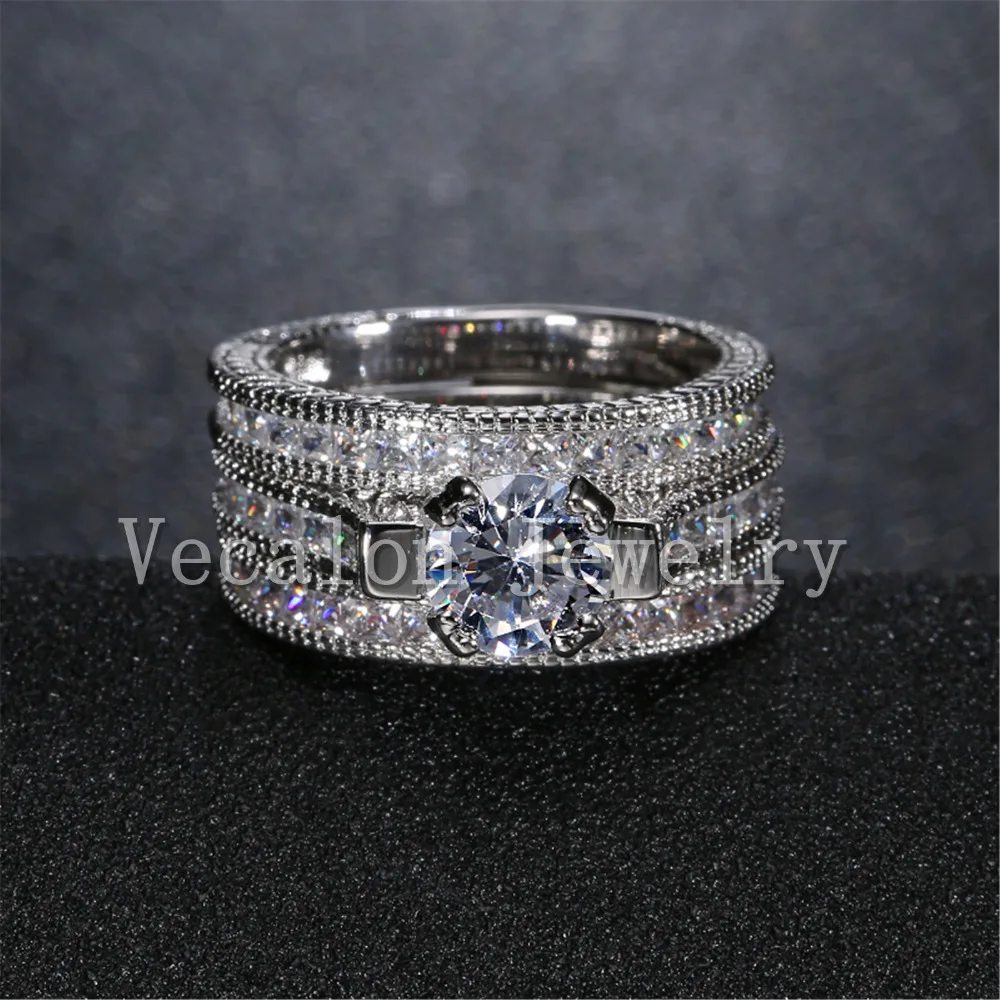 Женское Винтажное кольцо Vecalon обручальное 3 в 1 из белого золота с фианитом 15ct AAAAA 14