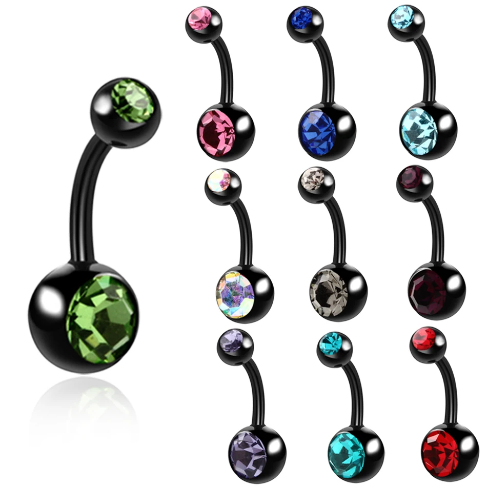 10PCS Steel Navel Bar Black Belly Button Rings Piercing Double Gem Ombligo Navel Piercing Dangel Earrings Sexy Piercing Jewelry