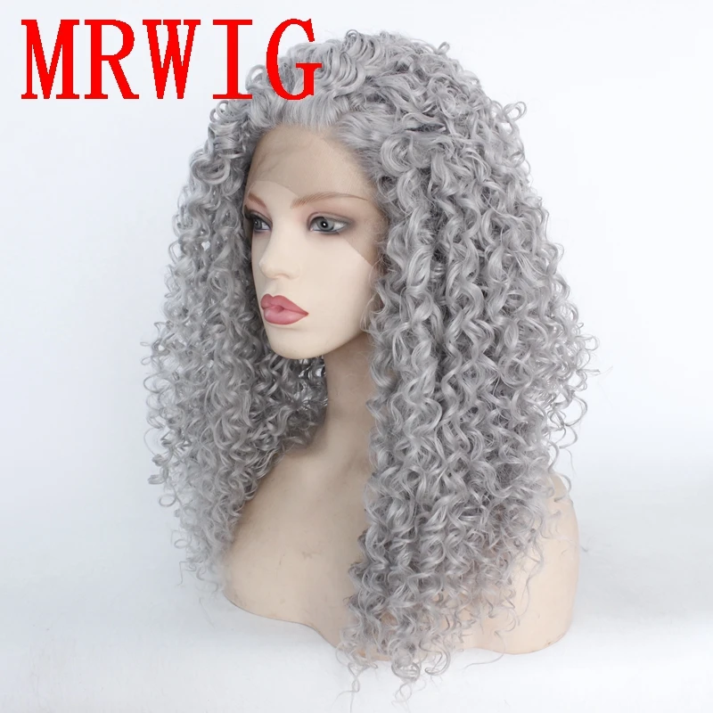 MRWIG 18in 180% Плотность кудрявый средний серый синтетический свободная часть передний кружевной парик Термостойкое волокно