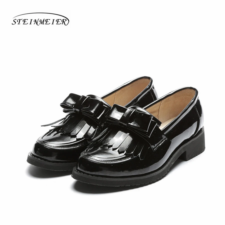 

Women genuine leather brogue oxford shoes woman tassel bow simple handmade vintage retro casual black flat shoes for women 2020