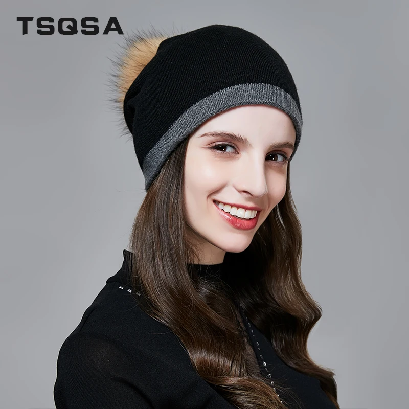 TSQSA Женская Зимняя Шапка Шерстяная Вязаная Шапка Помпон Меховые Шапки Натуральная Меховая Шапка Skullies Женские Шапки TAH1801