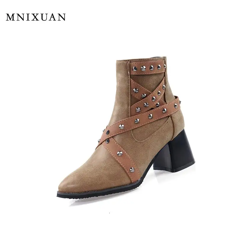 

MNIXUAN Handmade winter women shoes ankle boots western punk Motorcycle boots 2019 new block high heel zipper short boots size10