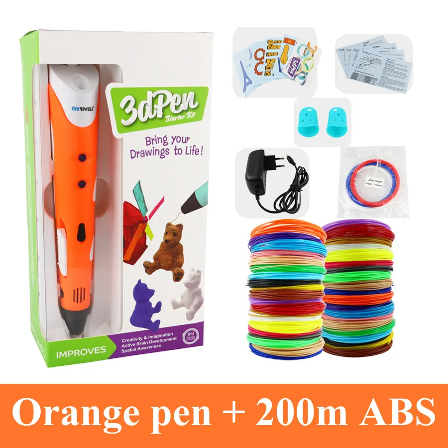 Orange with 200m ABS Myriwell 3D Ручка 25 м или 50 м или 100 м 1,75 мм ABS нить оригинальная DIY 3D ручка для печати 3D ручки для детей подарок 3D Ручка для рисования - Цвет: Orange with 200m ABS