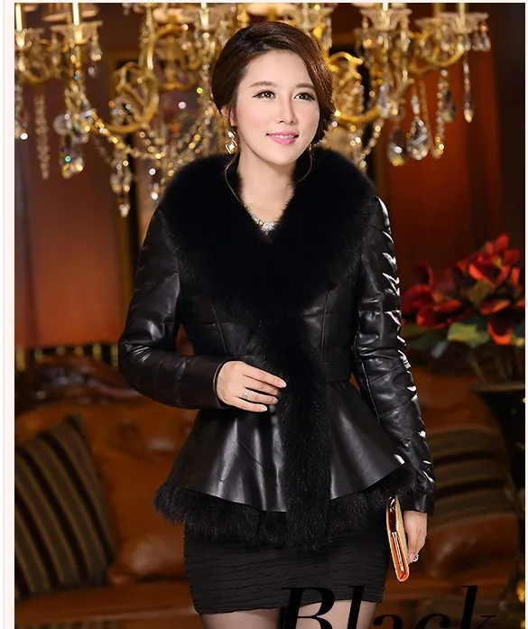 2014 New Leather grass sheep leather oversized fox fur collar down jacket women short paragraph Korean version of Slim Jacket | Женская