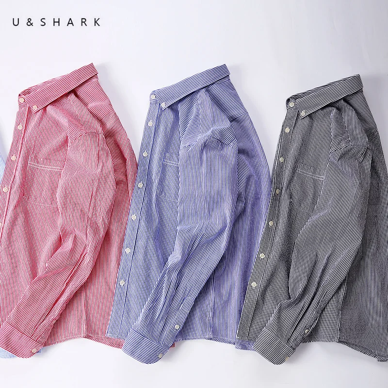 Осенняя мужская рубашка U & SHARK брендовая формальная в полоску с длинным рукавом