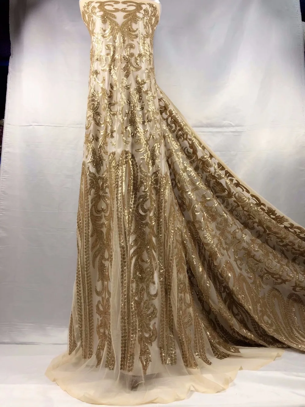 2018 Upscale French Net Champagne/Gold Sequins Lace Fabrics High Quality African Tulle Wedding Nigeria lace | Дом и сад