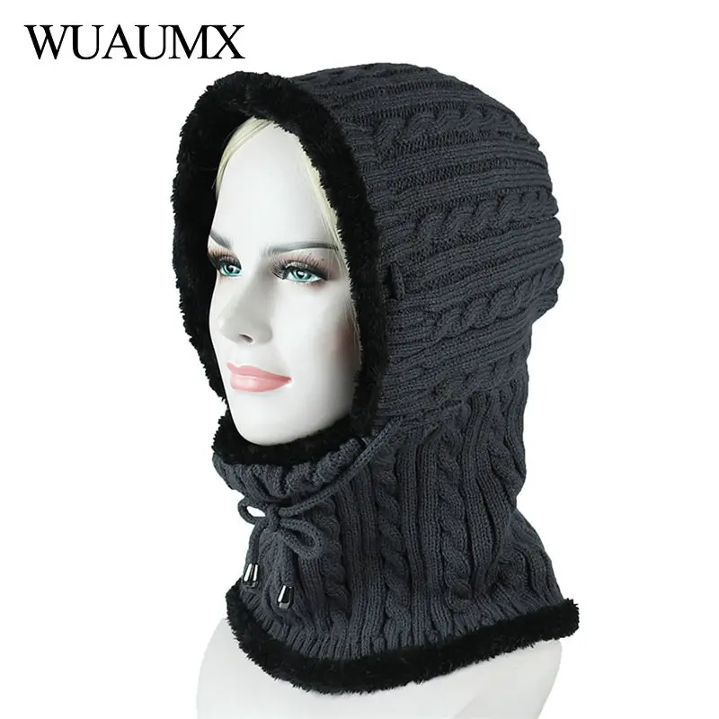 Wuaumx новые зимние вязаные шапочки для мужчин женщин шарф Skullies шапка с бархатом Nack