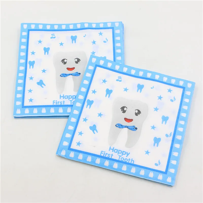 Синие счастливые первые зубные бумажные салфетки с рисунком для видов вечерние