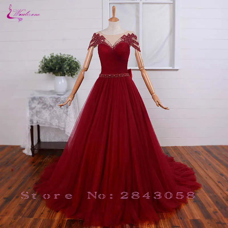 

Waulizane Contrast Color Scoop Evening Dresses Delicate Appliques Beaded Crystals Pearls Illusion Back With Bow Prom Dresses