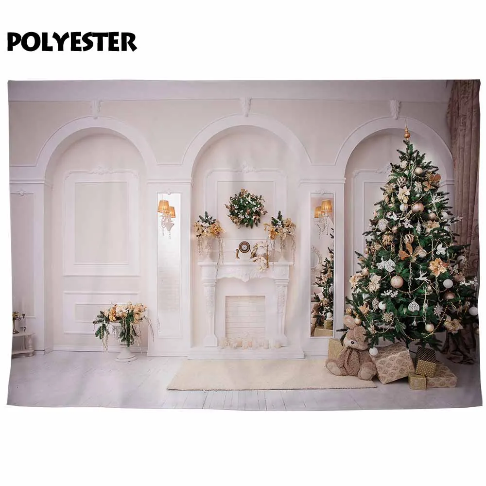 Фон Funnytree для фотостудии Рождественская елка в белой комнате цветы украшение