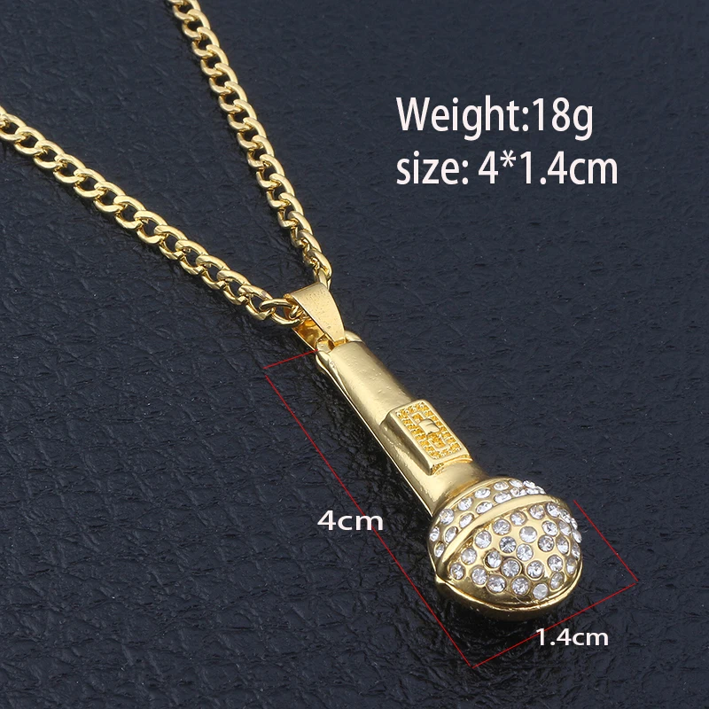 

SC New Hot Sale Gold Hip Hop Ice Out Bling Music Stereoscopic Microphone Pendant Necklace For Men Women Jewelry