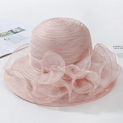 light pink Ymsaid, винтажная пряжа, церковная шляпа для женщин, летняя мода, большой цветок, органза, защита от солнца, шляпа, элегантная, Федора, свадьба, пляж, Chapeu Feminino - Цвет: light pink