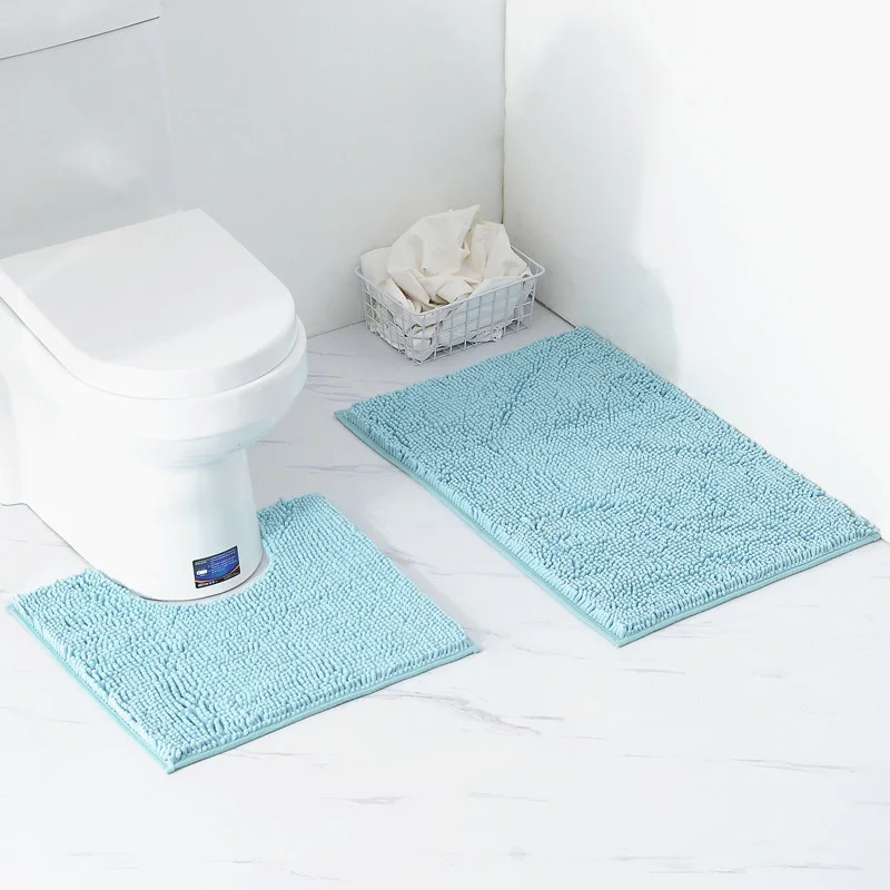 LIGHT BLUE Микрофибра для ванной комнаты Контурные коврики комбинированный набор из 2 мягких мохнатых нескользящих ковриков для ванной и u-образных ковриков для туалета машинная стирка - Цвет: LIGHT BLUE