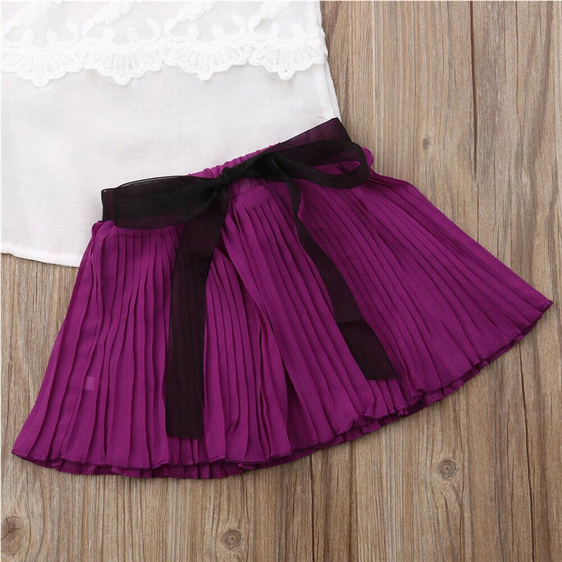 

2019 Summer Baby Girl Kids Sleeveless Lace T-shirt+Chiffon Mini Skirts Outfits Summer Clothes Sunsuit 2PCS Set